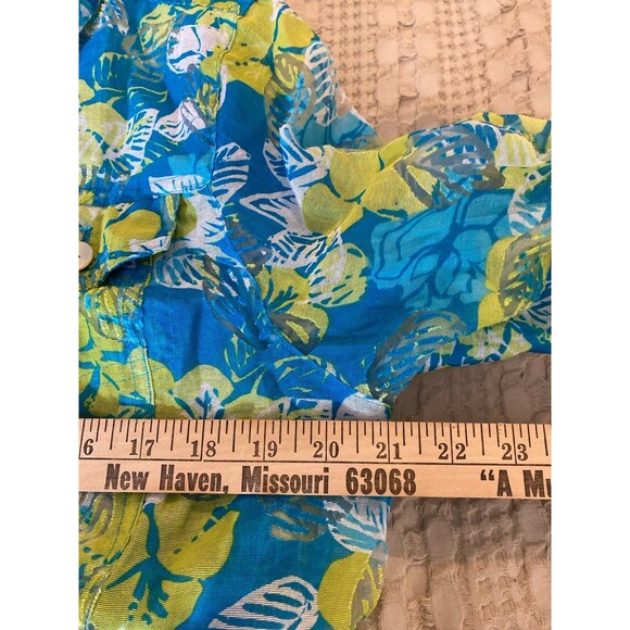 Ruby Rd. Button Down Blouse Sz 14 Turquoise Blue Lime Green Tropical Top Sheer - Picture 8 of 11
